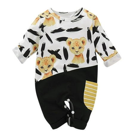

Boys Bodysuits Baby Girls Cartoon Animals Stitching Stripe Pocket Jumpsuit