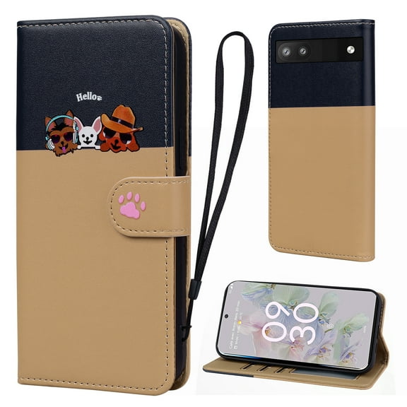 Cute Cartoon Wallet Phone Case for Google Pixel 6a with Card Holder Soft PU Leather Kickstand Cover for Men and Women Magnetic Shockproof Protective with Lanyard for Google Pixel 6a, Khaki