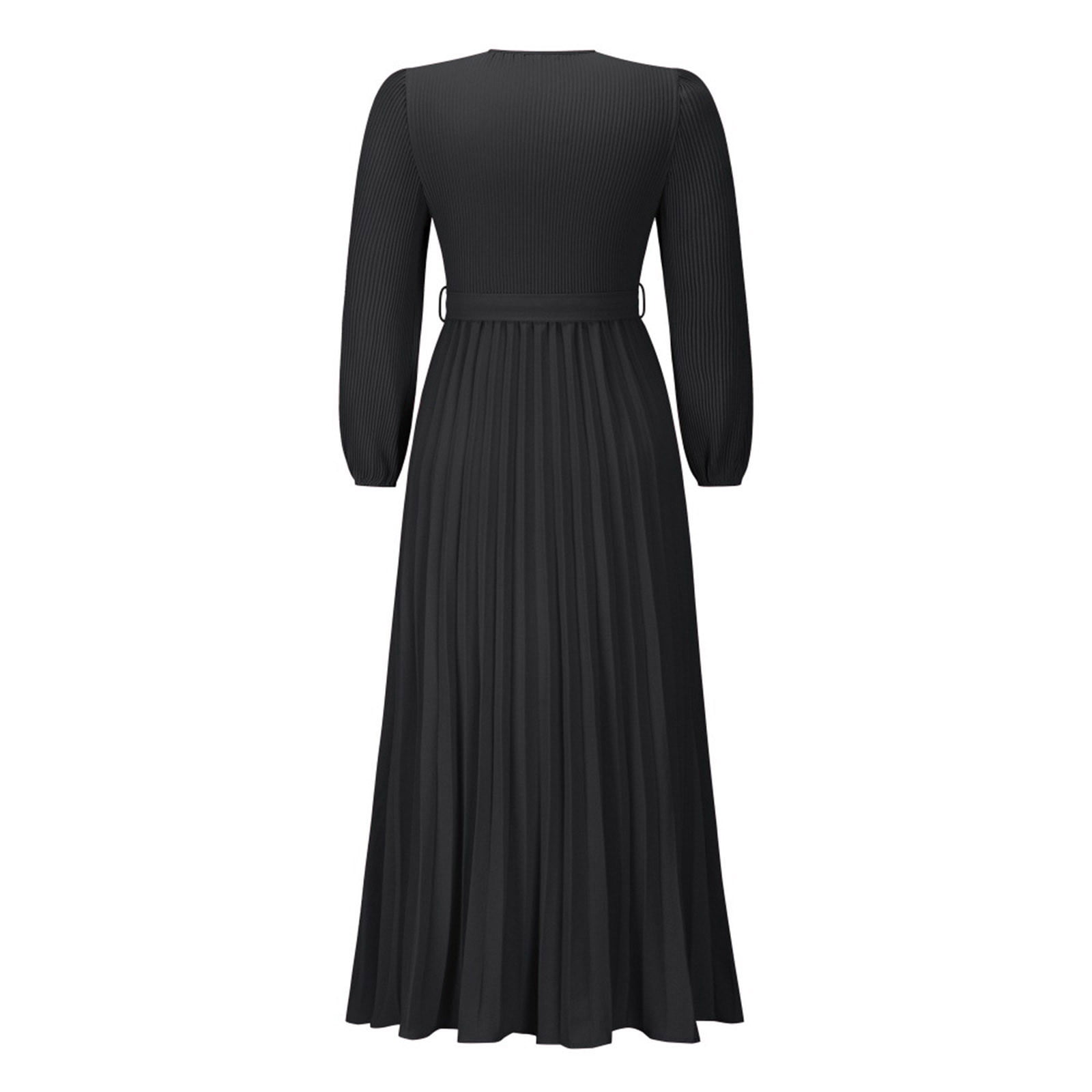 Women's V Neck Pleated A-line Dress 2024 Fall Long Sleeve Casual Swing Maxi Long Dresses for Party Wedding Guest