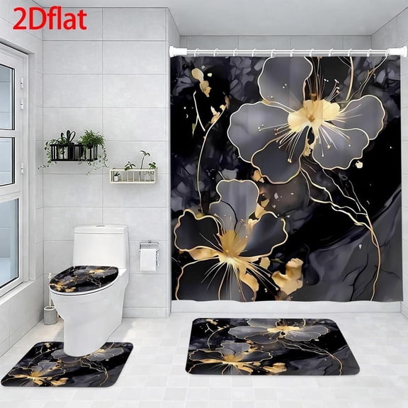 Black and Gold Floral Shower Curtain Set with 12 Hooks and Rugs, Bathroom Accessories