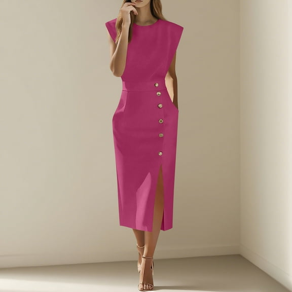 ClodeEU Womens Summer Round Neck Sleeveless Dress with Pocket,Long Office Bodycon Dress For Work Hot Pink,Womens Plus XXL
