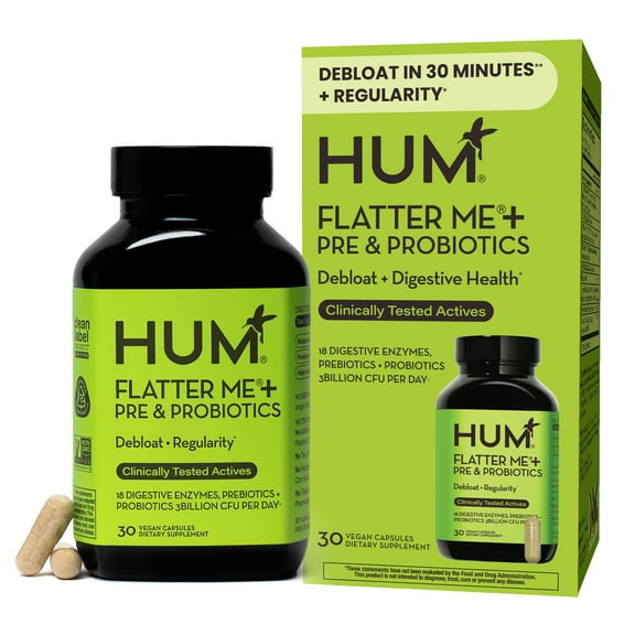 HUM Nutrition Flatter Me® Plus, Digestive Enzyme and Probiotic Supplement for Bloating Relief and Regularity Support, 30 Capsules
