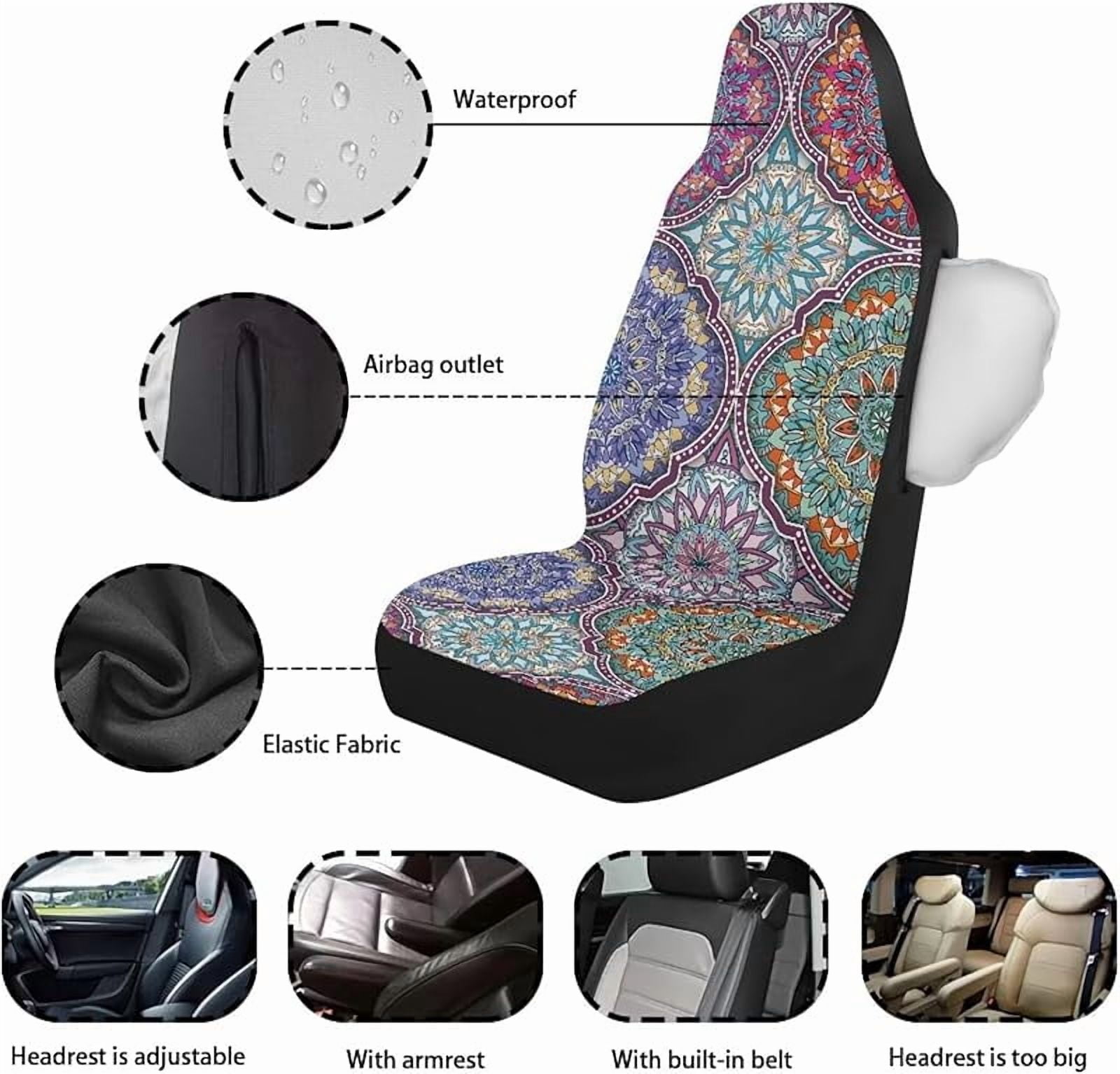 Waterproof Car Front Seat Cover Set Boho Mandala Floral Pattern Driver Seat Cover Comfort Front Bucket Seat Cover,Auto Interior Decoration,2 Pack,Airbag Compatible