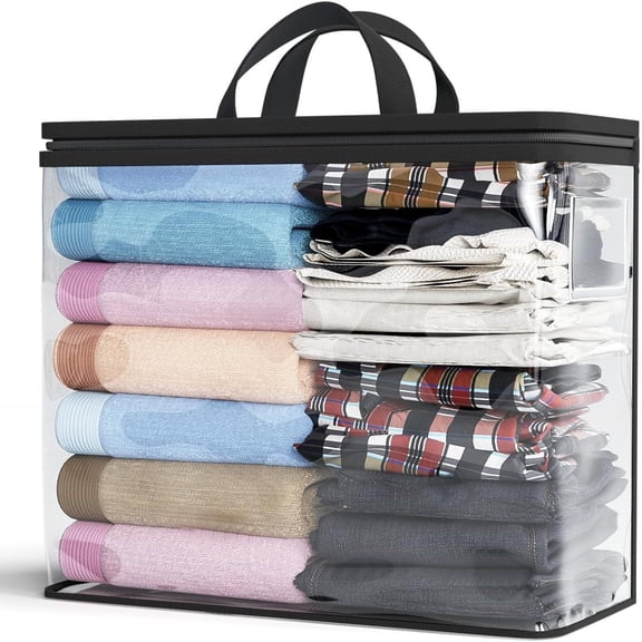 Thick Clear Zippered Storage Bags for Clothes, 22L Storage Bag Organizer with Handles for Compact Spaces, Comforters, Blanket, Toy and Book (Black)