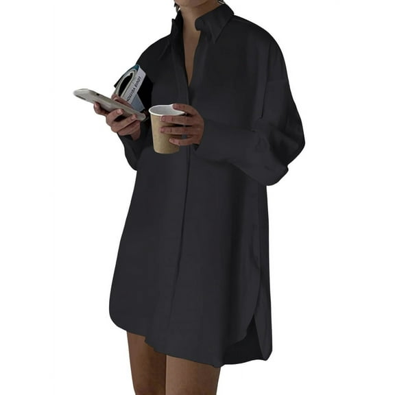 Women'S Casual Shirt Dress Collar V Neck Button Down Loose Long Sleeve Mini Dresses Black S