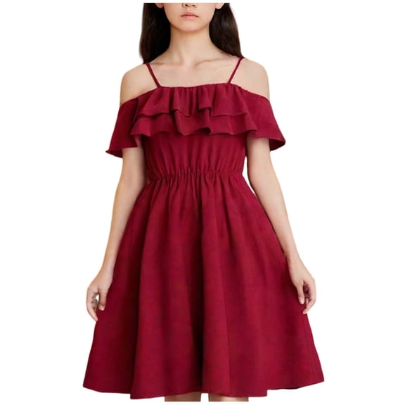 Xdegoge Off Shoulder Ruffle Dress for Teen Girls Spaghetti Strap Maxi Dresses with Flounce Top Summer Parties Formal Wedding Guest Clothes