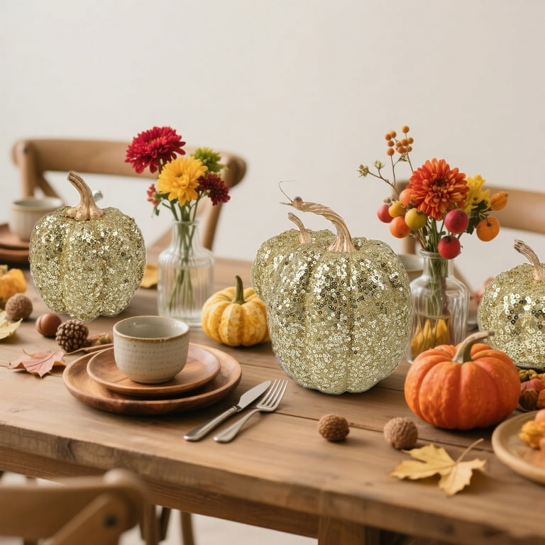 Taicans ‌7PCS Glitter Pumpkin Decor Set Halloween Thanksgiving