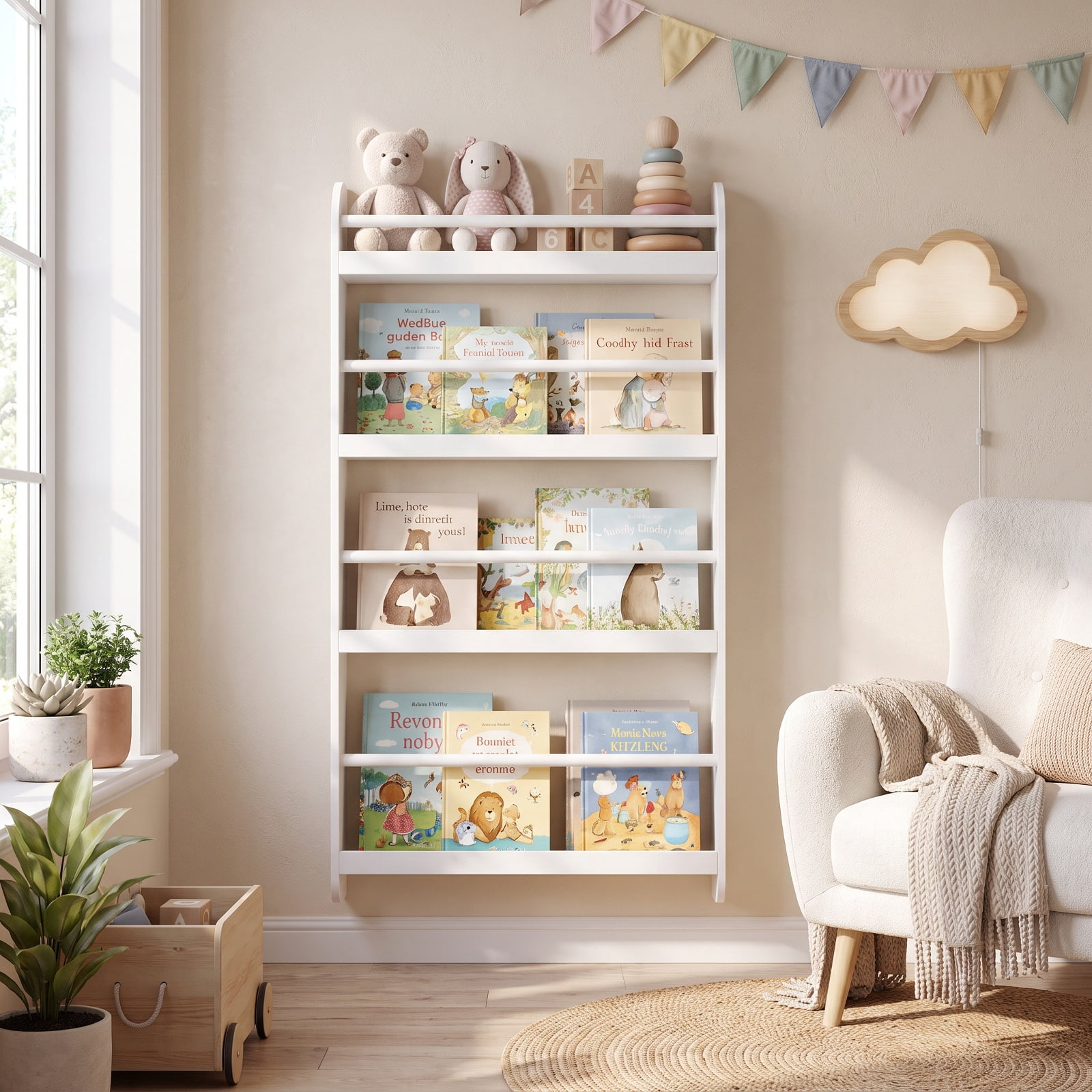 Furnibear 4-Tier Bookshelf Organizer for Toys and Books with Basswood Crossbar for Living Room Home Office Bedroom Display Storage Shelf, White
