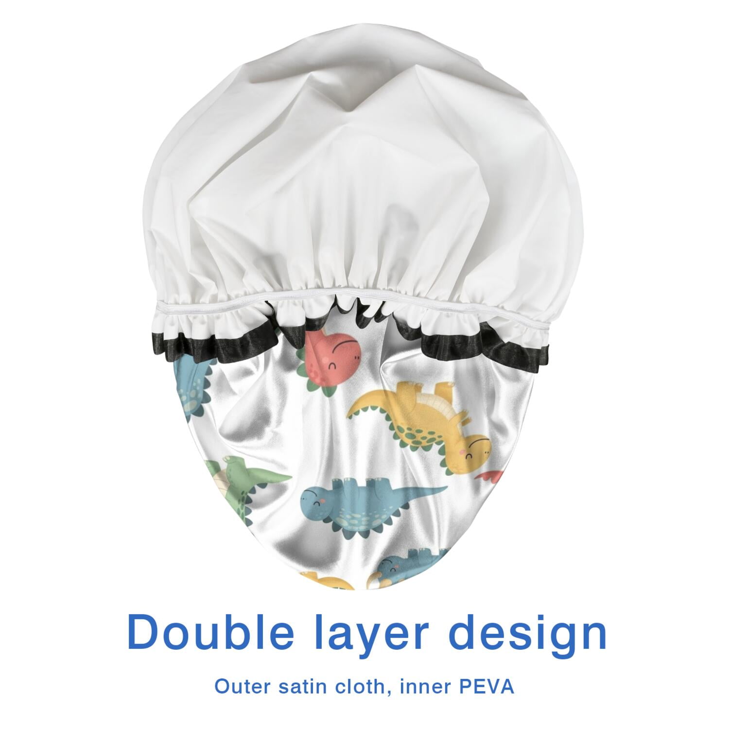 Shower Caps,White Cartoon Dinosaurs Pattern Waterproof Shower Cap for Women 4 Pieces,Double Reusable Hair Cover for Shower PEVA Elastic Stretch Hem