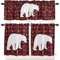 3 Piece Christmas Polar Bear Snowflake Kitchen Curtains, Tier and Valance Rod Pocket Window Curtains Set Red Black Check Cafe Curtains for Kitchen Valances Window Treatment 54X18in 27x24in×2