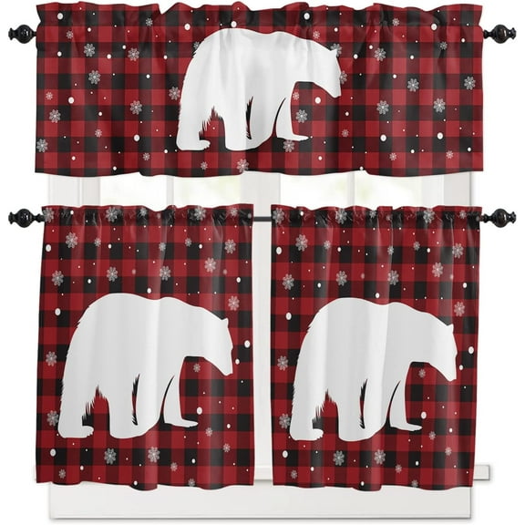 3 Piece Christmas Polar Bear Snowflake Kitchen Curtains, Tier and Valance Rod Pocket Window Curtains Set Red Black Check Cafe Curtains for Kitchen Valances Window Treatment 54X18in 27x24in×2