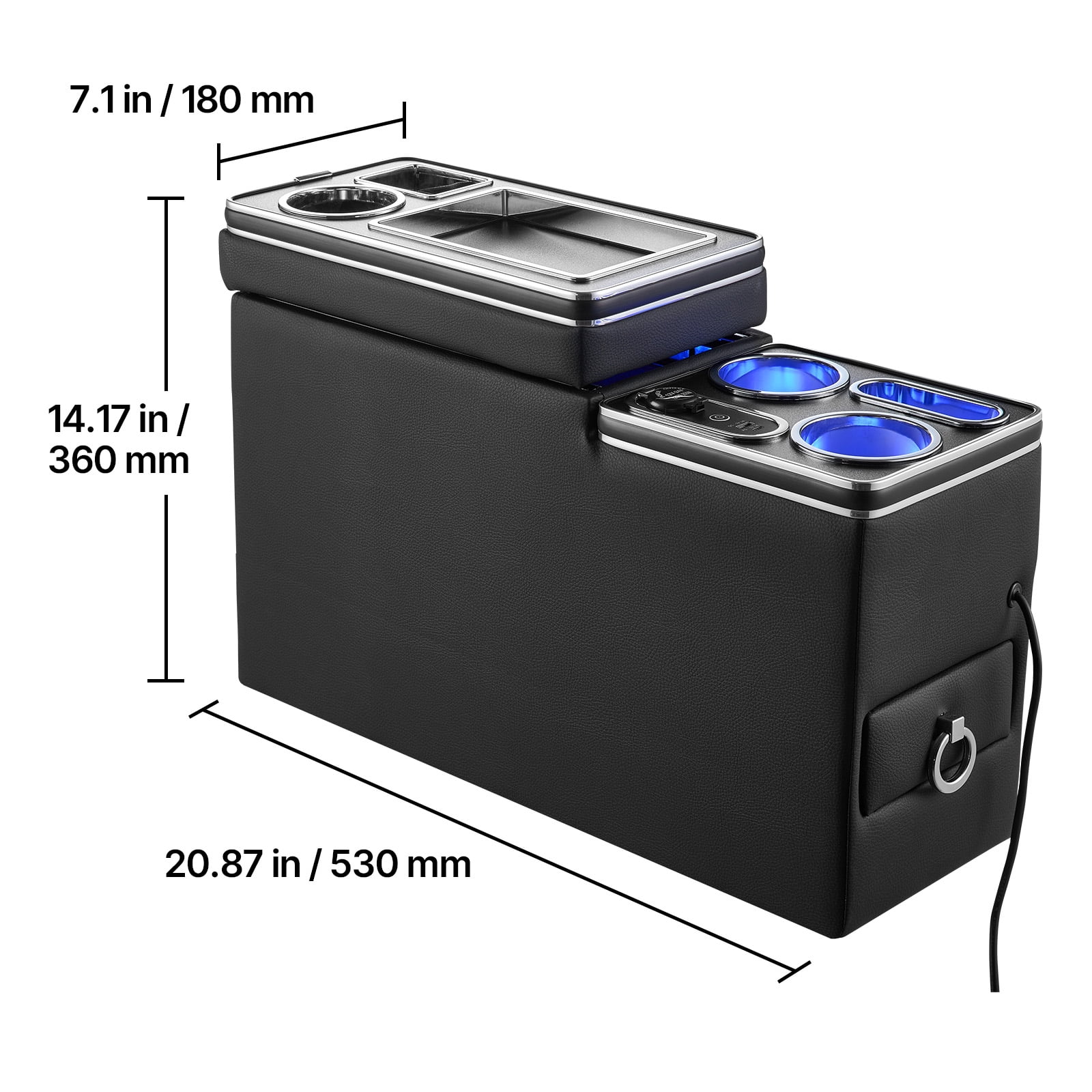 KFFKFF Center Console Storage Box with 7-Color Ambient Lighting, USB/Type-C/Cigarette Lighter Ports, Floor Organizer with Cup and Phone Holders for Trucks, SUVs, and Minivans