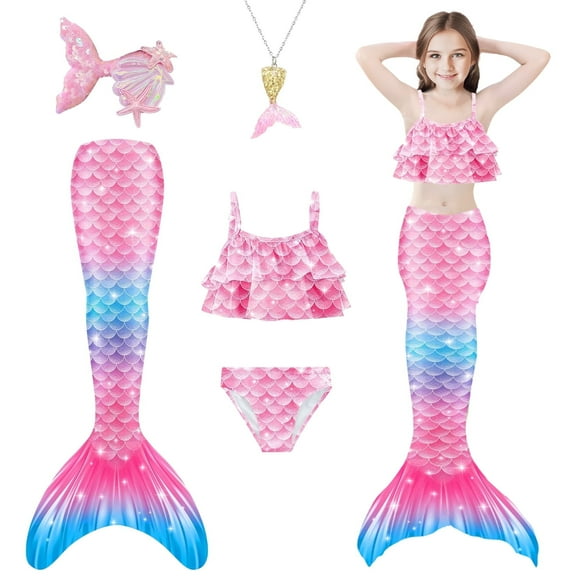Kicpot 5Pcs Mermaid Tails for Swimming Girls Mermaid Swimsuit-Kids Mermaid Tail Princess Bikini Bathing Suit-120cm