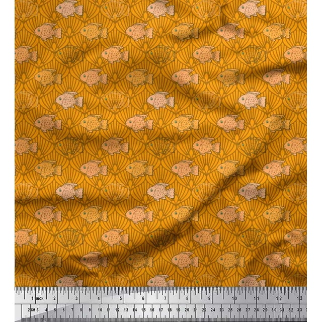 Soimoi Cotton Voile Fabric Fish & Shells Ocean Print Sewing Fabric Yard 56 Inch Wide
