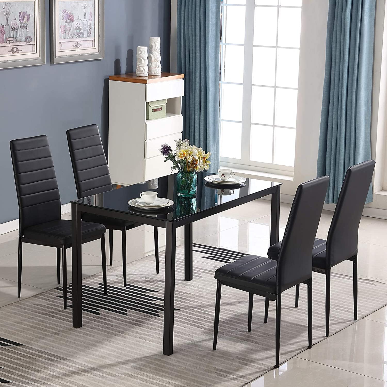 Dining Table Set For 4, Glass Top Dining Table With 4 Pu Leather Chairs