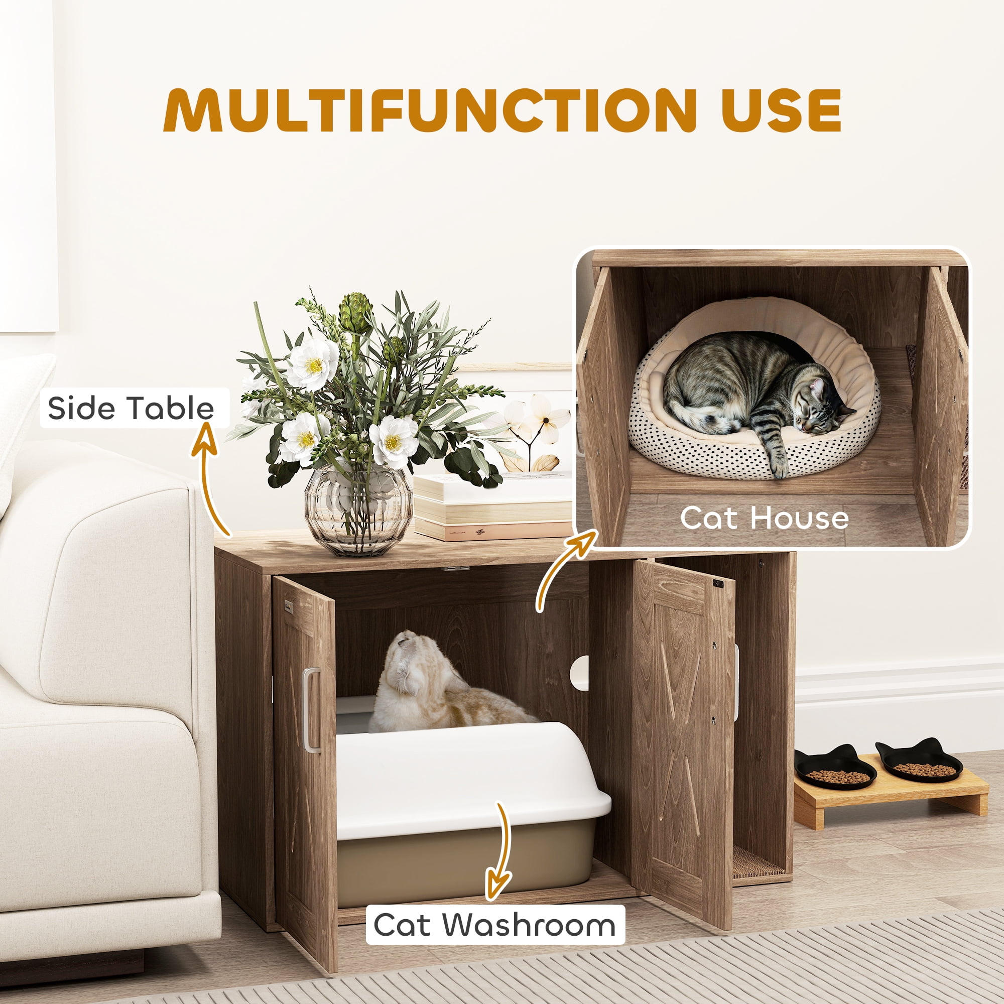 PawHut Cat Litter Box Enclosure, Hidden Litter Box Furniture with Scratching Board, Cat Washroom End Side Table, 31.5" x 19" x 20", Walnut Brown