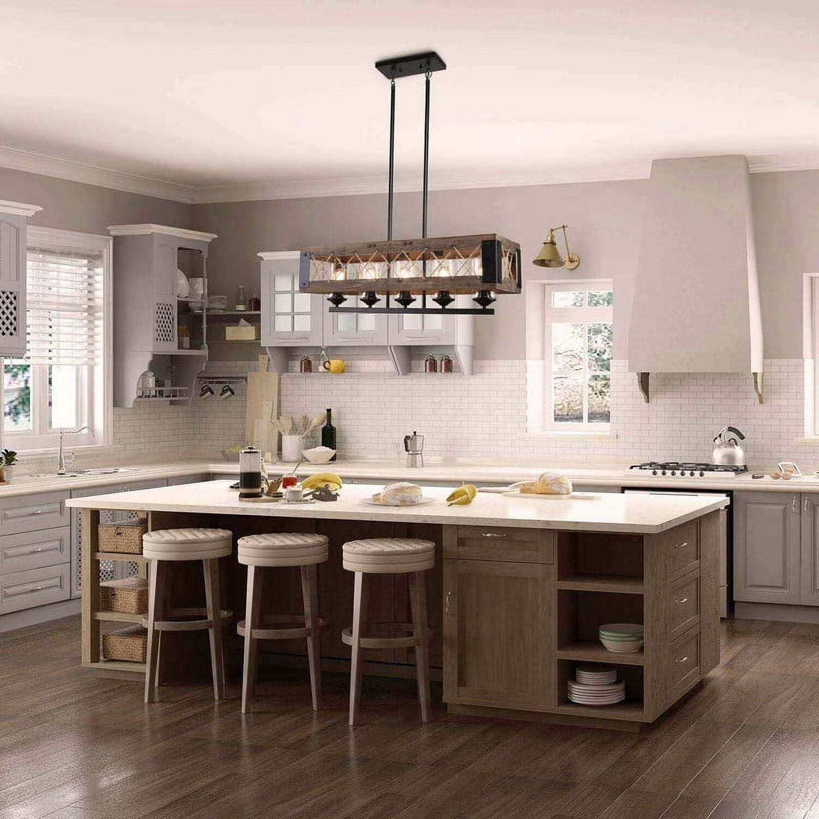 LNC 5-Light Farmhouse Rectangular Chandelier, Wood and Matte Black Island Light with Glasss