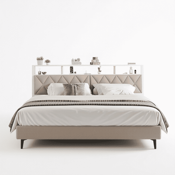 BOVZA King Size Headboard with Storage, Charging Station and RGB Lights, White and Beige