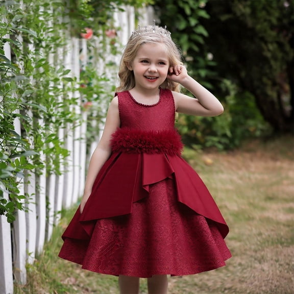 ZHOGXU Big Kids Girls Satin Dress Sleeveless Round Neck Solid Color Comfortable Stylish Tutu Dresses For Party And Daily Wear Brick Red 4-5 Years