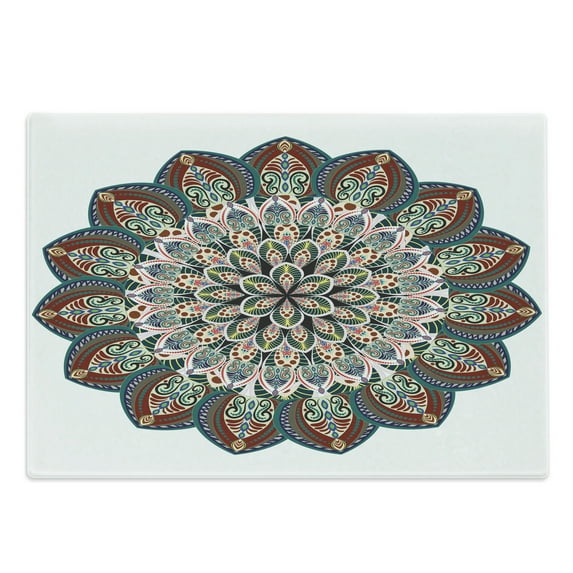 Mandala Cutting Board, Circular Universe with Victorian Lines and Ornaments Image, Decorative Tempered Glass Cutting and Serving Board, Large Size, Multicolor, by Ambesonne