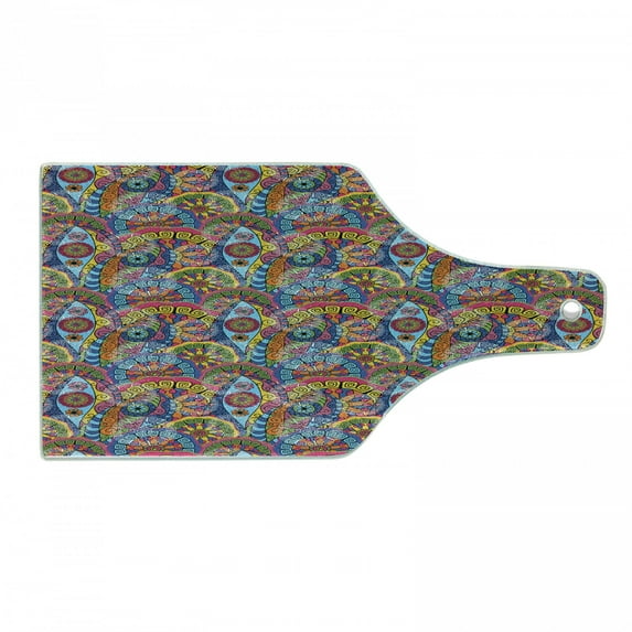 Floral Cutting Board, Hippie Style Abstract Blooms with Aztec Tribal Antique Geometric Pattern Trippy Boho, Tempered Glass Cutting and Serving Board, Wine Bottle Shape, Multicolor, by Ambesonne