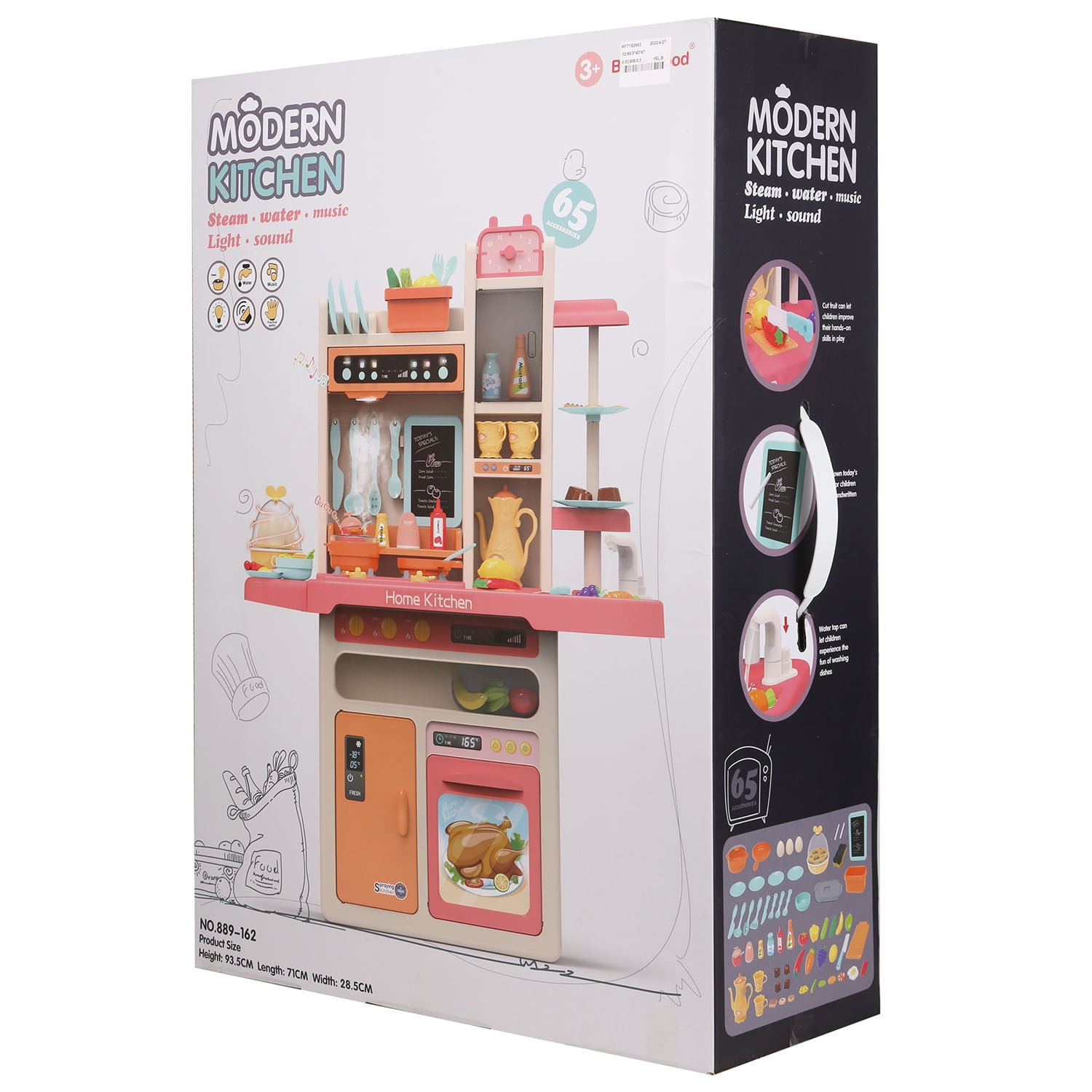 Kitchen Playset for Kids, Pink Kitchen with Realistic Lights & Sounds, Play Sink with Runnng Water, Cooking Stove with Steam, 65 PCS Kitchen Accessories Set for Girls Boys