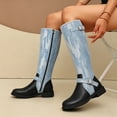 thumbnail image 2 of Xfvqtps Knee High Boots for Women Faux Denim Side Zipper Buckle Strap Block Low Heel Tall Boots, 2 of 9