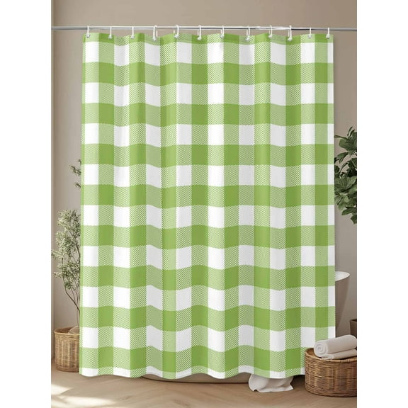 Shower Curtain, Farmhouse Plaid Design Waterproof Shower Curtain Set with Hooks for Bathroom Showers,Stalls and Bathtubs,72x72In Green and White Grid