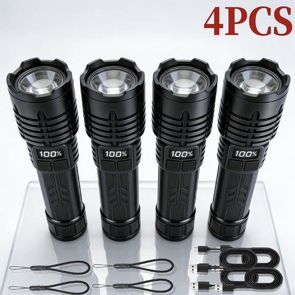 Rechargeable LED Flashlights for Emergency Power Outage, 4 Pack Tactical Flashlight in Black
