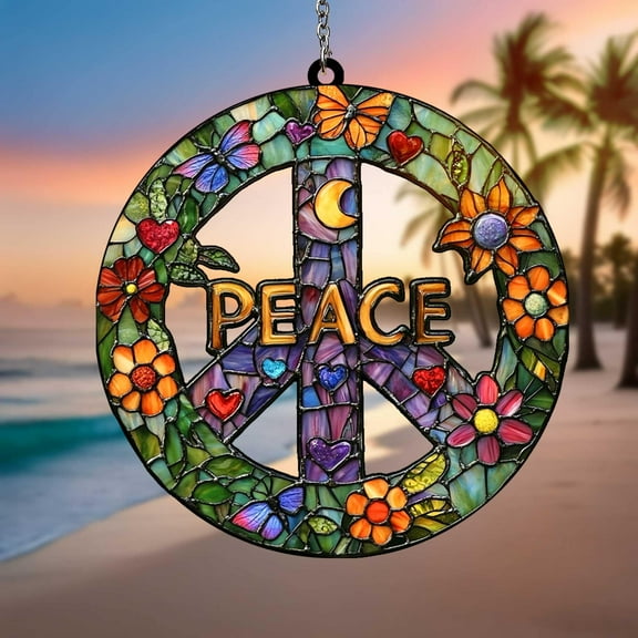 Hippie Flower Power Peace Sign Suncatcher, Faux Stained Glass Peace Sign Hanging, Retro Car or Window Decor for Hippie Free Spirits
