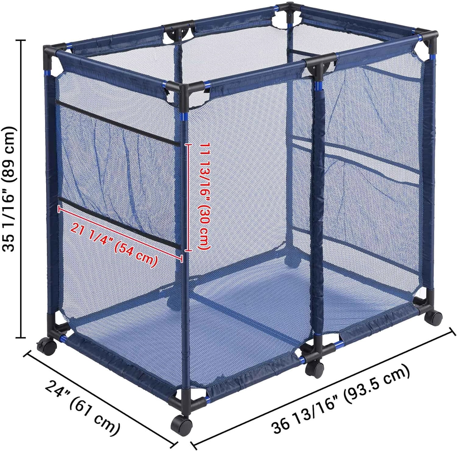 Large Mesh Pool Storage Bin Netting Organizer 36" L x24 W x 35" H Rolling Storage Cart with Extended Sturdy Connector & Metal Frame Organizer for Float Goggles Container, Backyard Garage, Blue