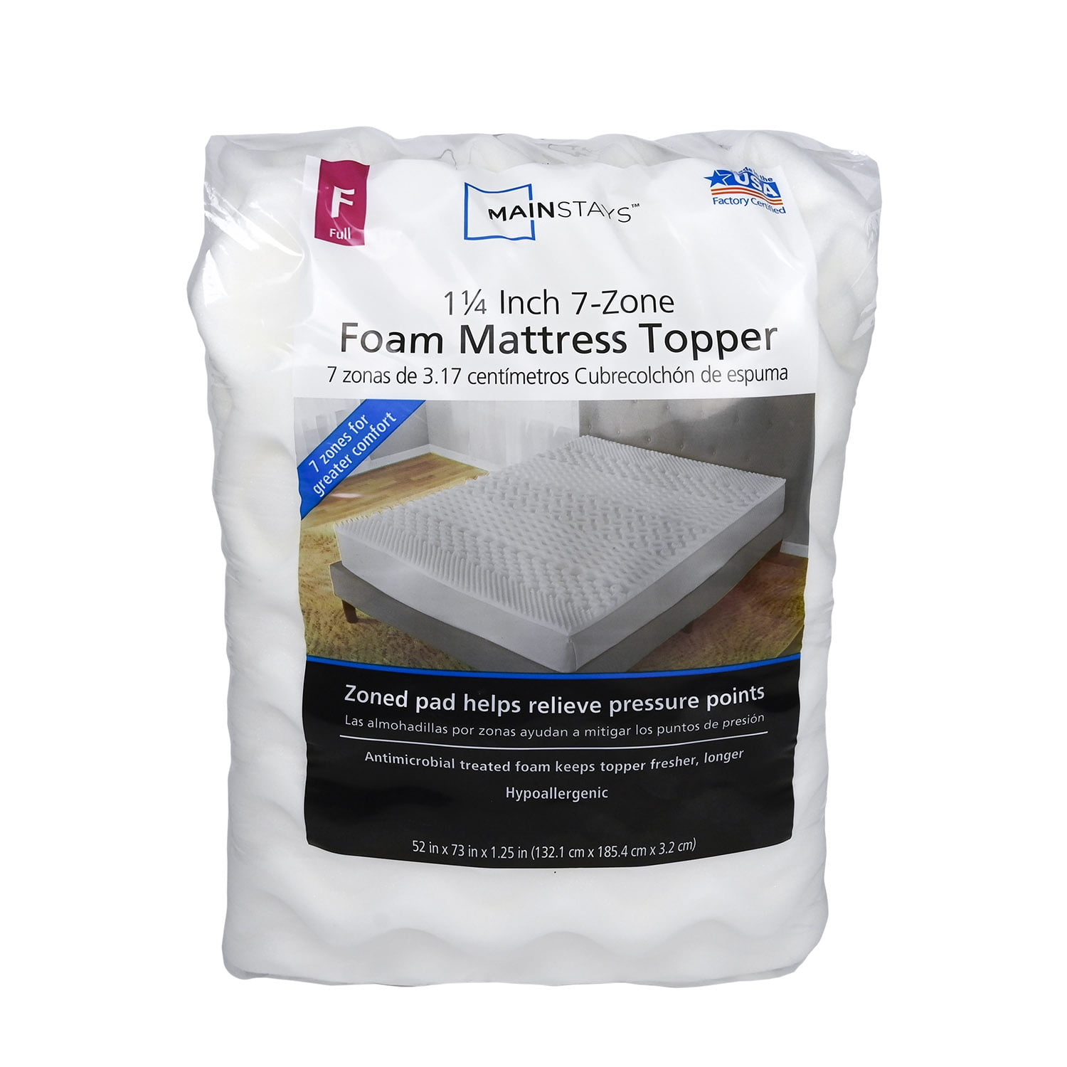 Mainstays 1.25" 7-Zone Mattress Topper, Full