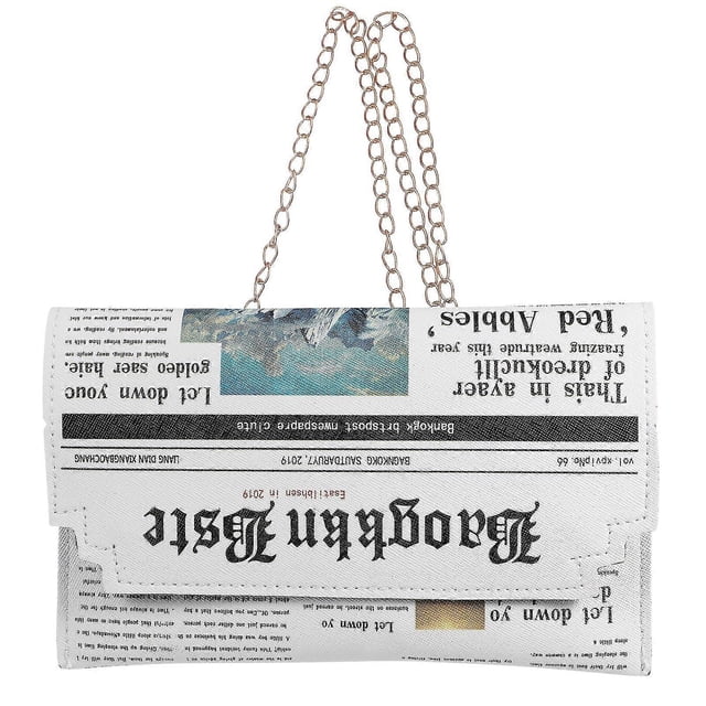 White PU Leather Shoulder Pouch Woman Newspaper Design Crossbody Bag Fashion Printing Chain Bag Lady Outdoor Storage Bag