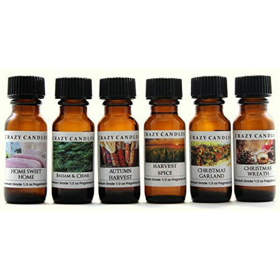Crazy Candles 6 Bottles Set, Home Sweet Home, Balsam & Cedar, Autumn Harvest, Harvest Spice, Christmas Garland, Christmas Wreath 1/2 Fl Oz Each (15ml) Premium Fragrance Oils