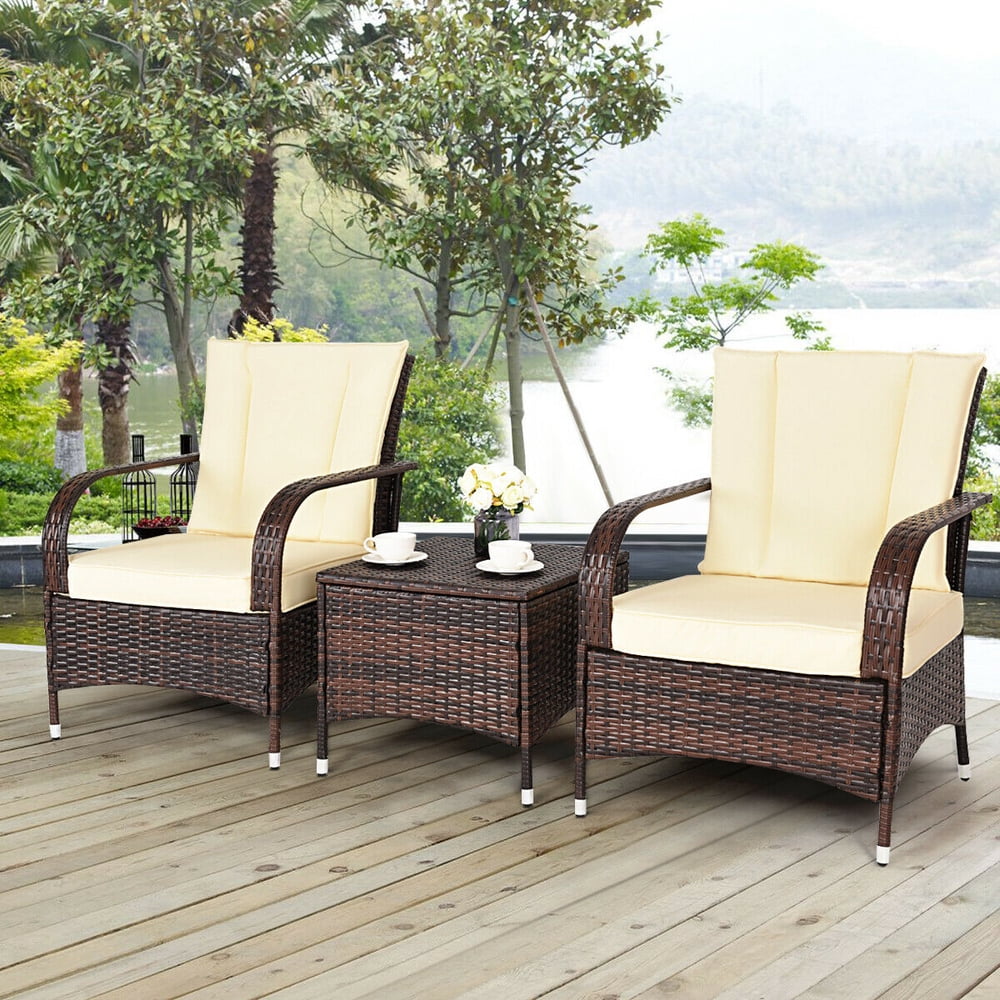 Costway 3PCS Outdoor Patio Mix Brown Rattan Wicker Furniture Set with