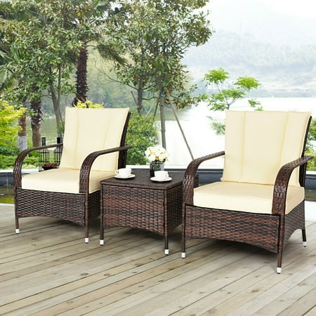 3 Pcs Patio Rattan Furniture Set Coffee Table & 2 Rattan Chair