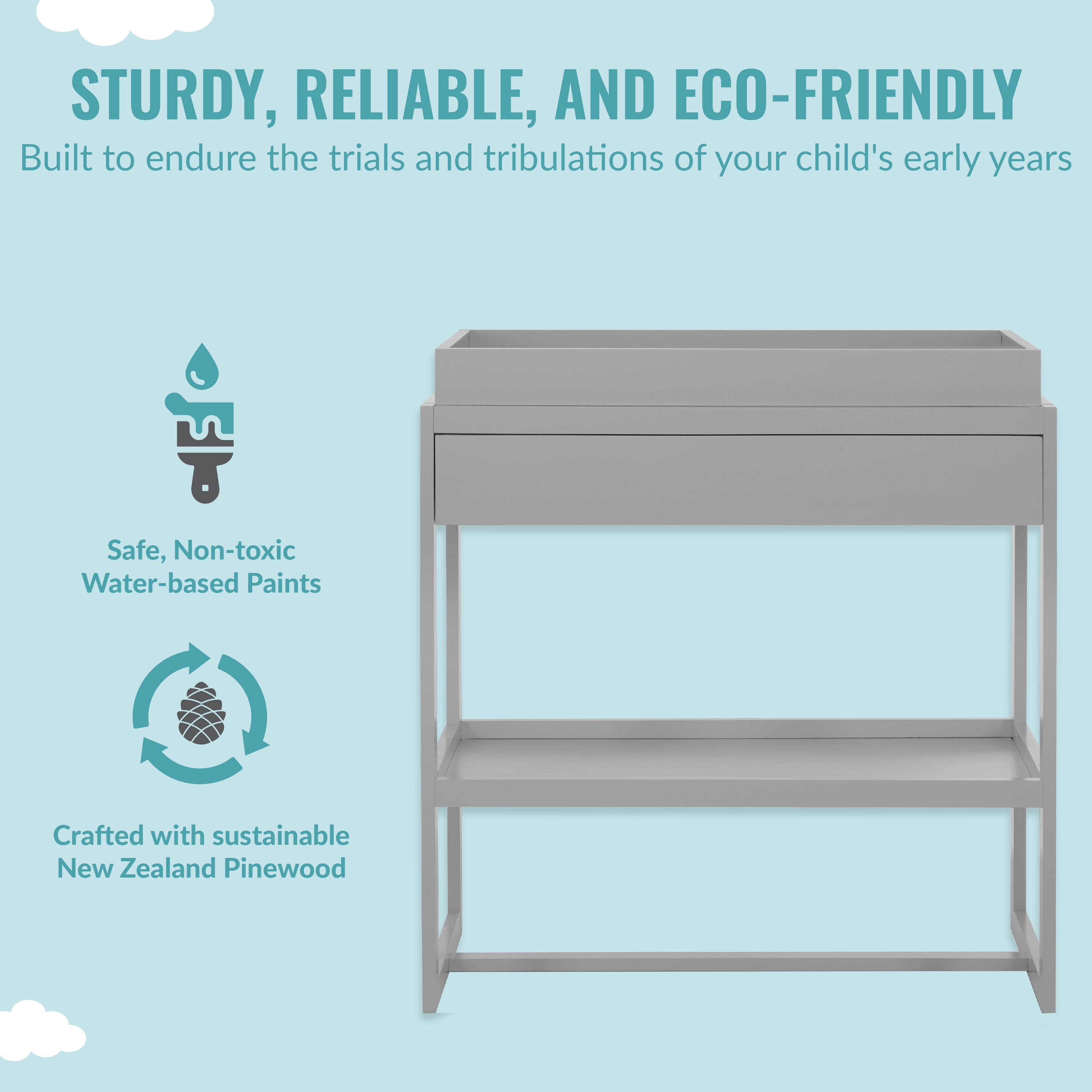 Dream On Me Arlo Changing Table, Made of Solid New Zealand Pinewood, Pebble Grey