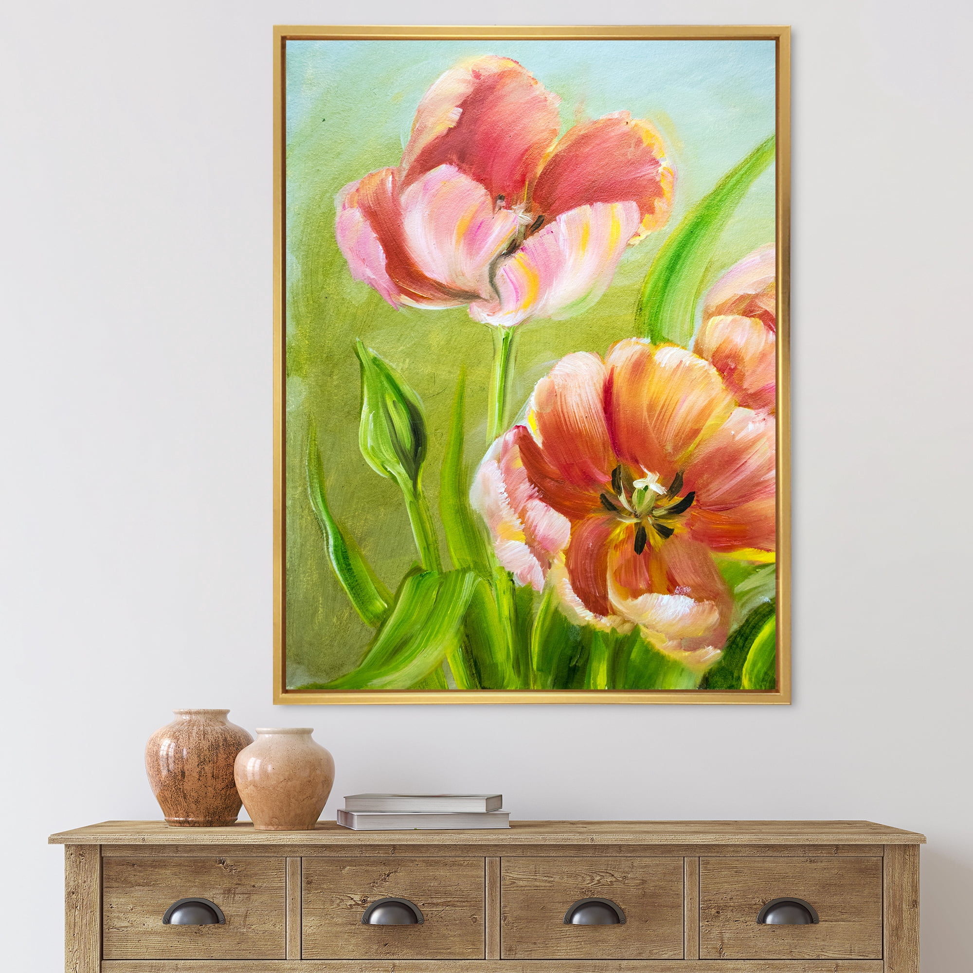 Ancient Red Tulips Flowers III 24 in x 32 in Framed Painting Canvas Art Print, by Designart