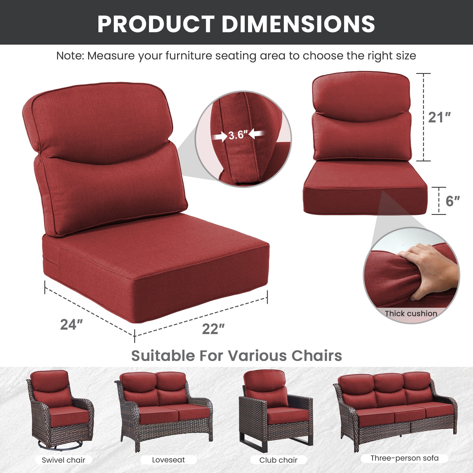 Bellefurn Outdoor Seat Cushions 22 X 24 X 6 inch for Patio Furniture,Outdoor Chair Cushions Outdoor Deep Seat Cushion with Water Resistant & Removable Cover Patio Cushions for Wicker Chair,Sofa,Couch
