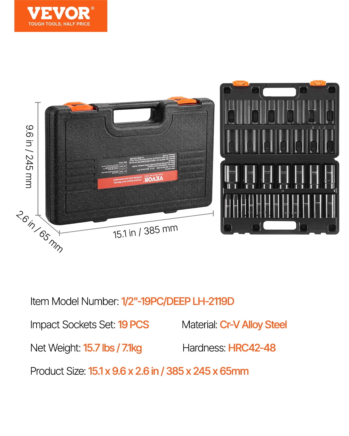 VEVOR Impact Socket Set, 1/2" 19 Piece Impact Sockets, Deep Socket, 6-Point Sockets, 1/2 Inches Drive Socket Set Impact 3/8 inch - 1-1/2 inch, Cr-V Rugged Construction, with a Storage Cage