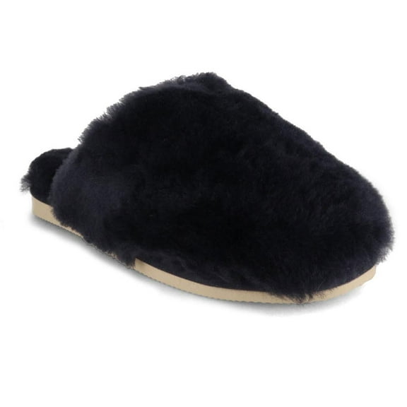 THIES Women's Sheepskin Slippers Fluffy, Navy