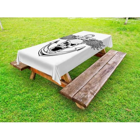 Devils Table - Anchor Outdoor Tablecloth, Skull with Anchor and Eagle Wings Freedom Devil Sea Hunter Skeleton Myth Graphic, Decorative Washable Fabric Picnic Table Cloth, 58 X 84 Inches,Grey White, by Ambesonne