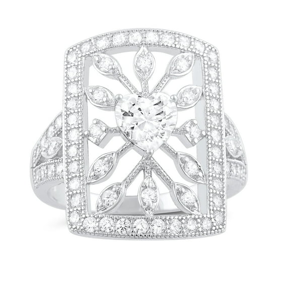 Sterling Silver Heart Cz Big Square Statement Ring for Women and Teens - Size 4