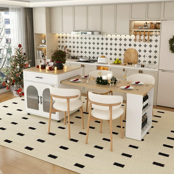 YIYADO 80" Extendable Kitchen Island with Dining Table, Wood Grain Countertop, Built-In Power Outlet, Mobile Cart with Storage Cabinet and 2 Drawers, White