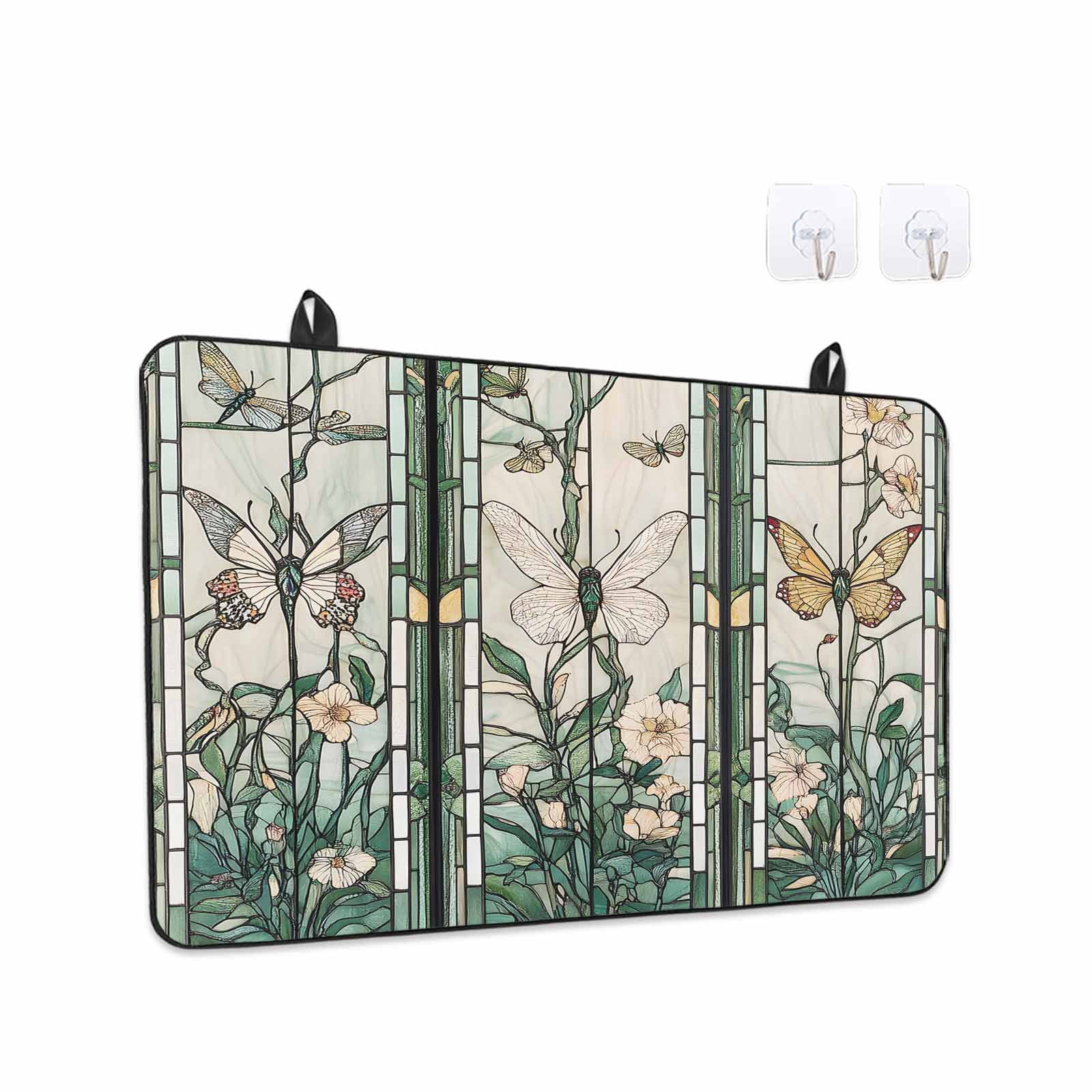 Retro Butterfly Stove Top Cover for Electric Stove, Heat-proof & Non Slip Glass Top Stove Cover Protector, Green Spring Floral Botanical Kitchen Flat Cooktop Rubber Mat 24x21 Inches