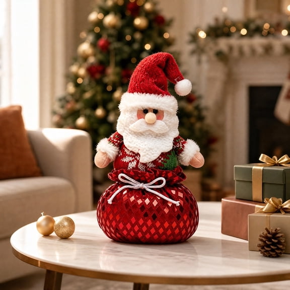 Christmas Character Drawstring Gift Bag, Plush Santa Snowman Reindeer Decorative Pouch for Candy Snack Storage Tabletop Holiday Decor