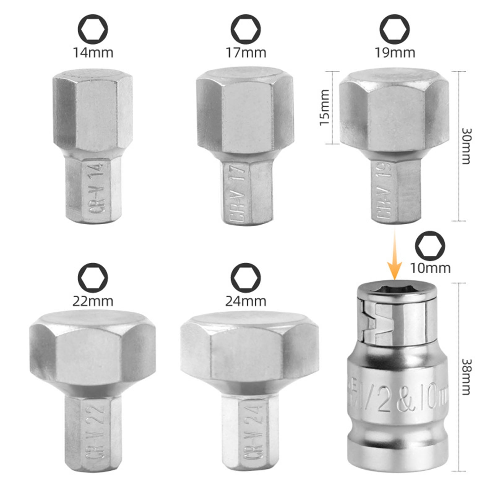 6-Piece Hex Bit Socket Set 14/17/19/22/24mm 1/2-inchx10mm for Electric Wrench Chromium- Vanadium Alloy Steel Repair