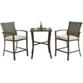 thumbnail image 2 of Costway 3PCS Patio Rattan Bar Furniture Set Slat Table 2 Cushioned Stools Poolside Brown, 2 of 9