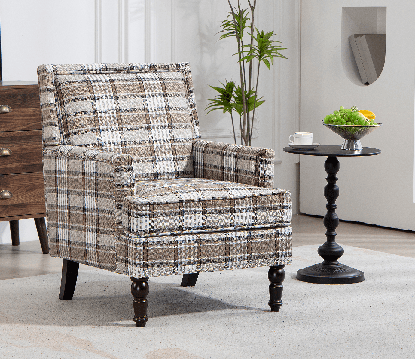 Leumius Modern Accent Chair with Wood Legs,Vintage Upholstered Armchair Single Sofa Chair Reading Accent Chair for Living Room Bedroom Office,Coffee