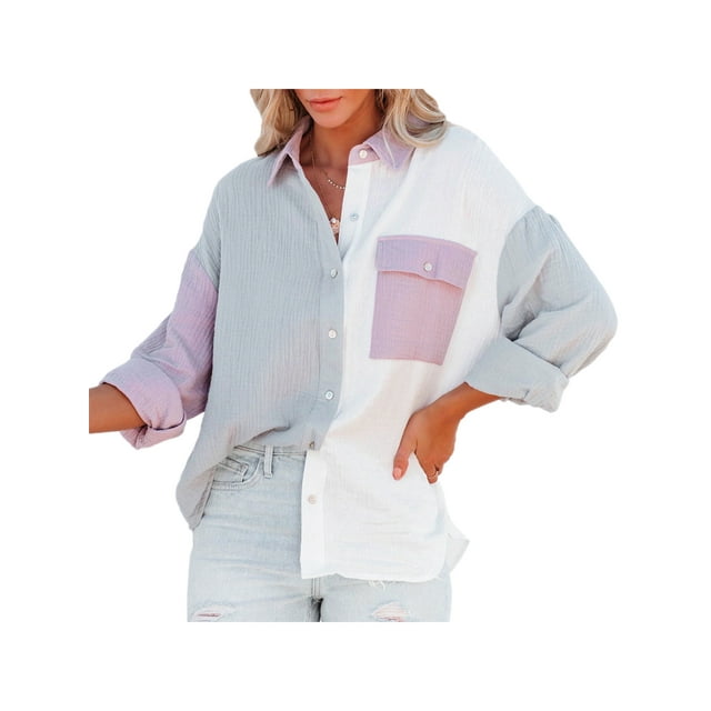 Kmbangi Women's Blouse Contrast Color Stitching Long Sleeve Lapel Button Closure Loose Versatile Casual Shirt Tops